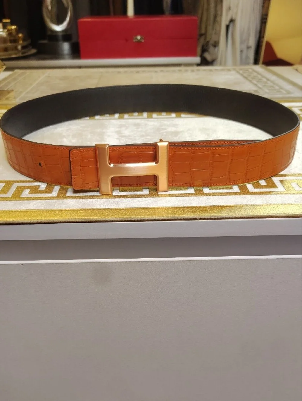 H Logo Buckle Croc-Embossed Leather Belt in Cognac